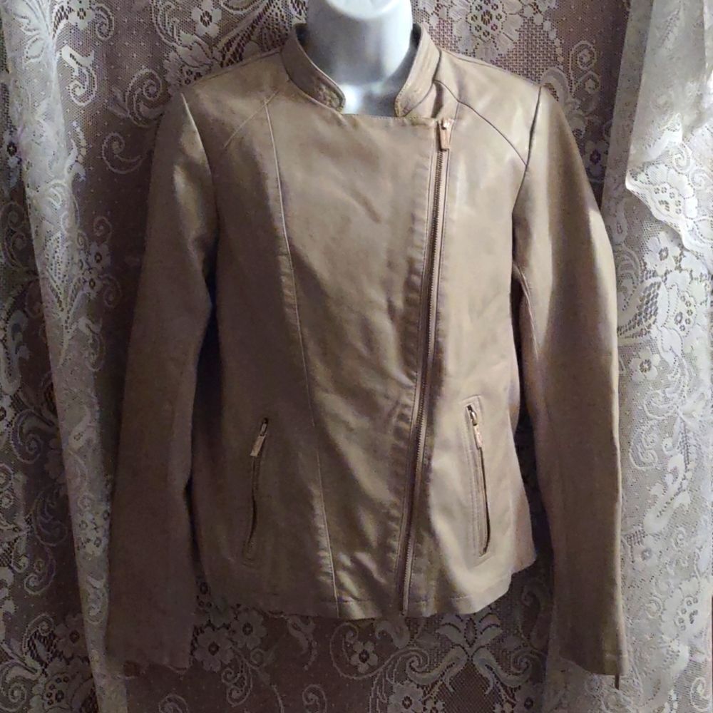 Calvin Klein Women's Size S Jacket Camel Tan Faux Leather Zip Military Collar